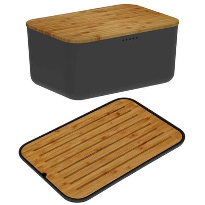 Conjunto Tábua Migalheira e Porta Pães com Tampa Bambu Preto Organizador Bolos Biscoitos Ou