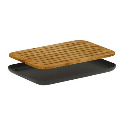 Conjunto Tábua Migalheira e Porta Pães com Tampa Bambu Preto Organizador Bolos Biscoitos Ou