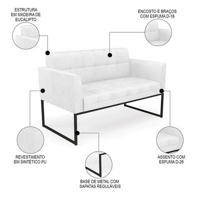 Sofá Namoradeira E 1 Poltrona Base Industrial Preto Ana Sintético Pu Branco - Ibiza