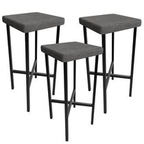 Kit 03 Banquetas Alta Bar Cozinha Sala De Jantar Preto Stella L02 Linho Cinza Escuro - Lyam Decor