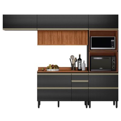 Cozinha Modulada Proença 4 Peças Com Aéreo 120cm Ripado Nogueira Touch-carbono Prime Tx - Demartêz
