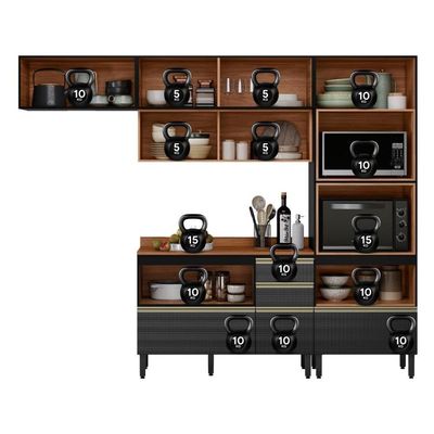 Cozinha Modulada Proença 4 Peças Com Aéreo 120cm Ripado Nogueira Touch-carbono Prime Tx - Demartêz