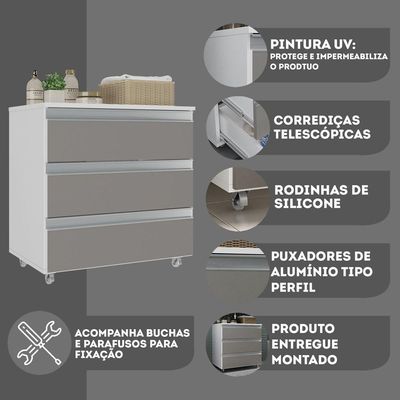 Gabinete Banheiro Rodinhas Joia 60cm 03 Gavetas Branco Cinza