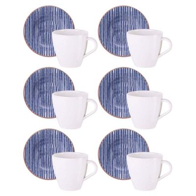 Jogo 6 Xícaras com Pires Porcelana Tramontina 200ml Café Chá Cappuccino Abstratta Azul Mesa Posta