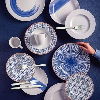 Jogo 6 Xícaras com Pires Porcelana Tramontina 200ml Café Chá Cappuccino Abstratta Azul Mesa Posta