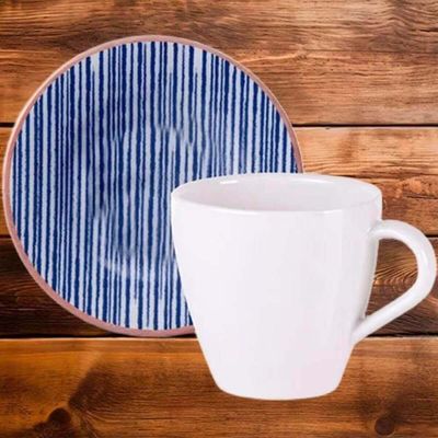 Jogo 6 Xícaras com Pires Porcelana Tramontina 200ml Café Chá Cappuccino Abstratta Azul Mesa Posta
