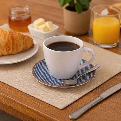 Jogo 6 Xícaras com Pires Porcelana Tramontina 200ml Café Chá Cappuccino Abstratta Azul Mesa Posta