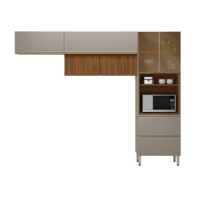 Armário de Cozinha com Vidro Reflecta Compacta Proença Ripado 5 Portas 2 Gavetas Nogueira e Nude