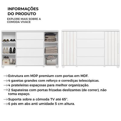 Cômoda Gaveteiro Organizador 4 Gavetas Vivace Branca