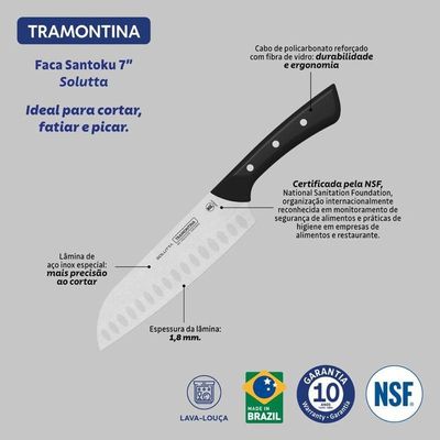 Faca Santoku Tramontina Solutta Em Aço Inox E Cabo Em Policarbonato 7" Preto