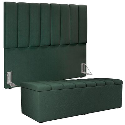 Kit Cabeceira Cama Box Casal 140 Cm Calçadeira Recamier Baú Dália W01 Linho Verde Musgo - Lyam Decor