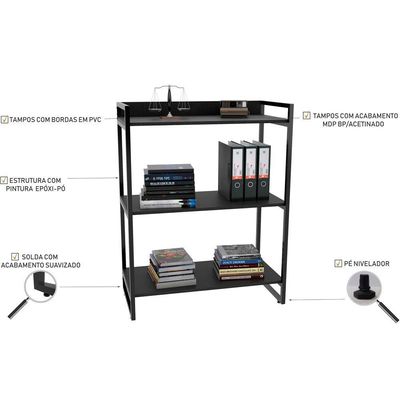 Kit Mesa Cavalete 150cm com Estante 3 Prateleiras Estilo Industrial Form C01 Preto Onix - Lyam Decor