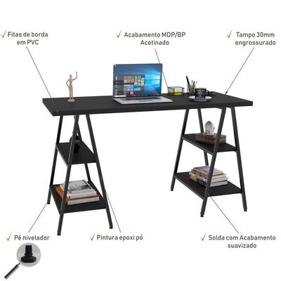 Mesa Para Escritório Estilo Industrial Cavalete Form C01 135cm Preto Onix - Lyam Decor