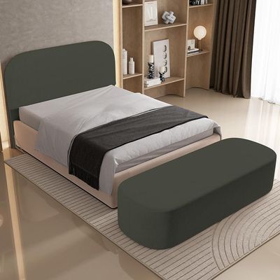Cabeceira Cama Box King 195cm Lanna com Puff Recamier Doha W01  Linho Verde Musgo - Lyam Decor