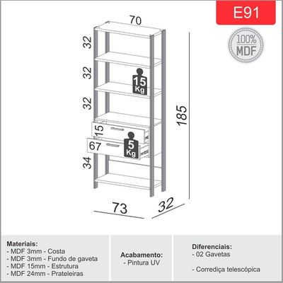 Estante 5 Prateleiras 02 Gavetas Escritório Trend D03 185x73 cm Freijó Preto Fosco - Lyam Decor