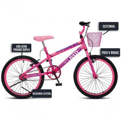 Bicicleta Jully Aro 20 Aero 36 Raias, Freios V-brake Dianteiro E Traseiro, Suporte De Guidão Down Hill E Cestinha Rosa