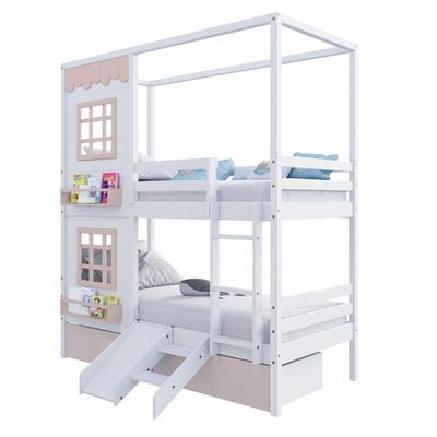 Beliche Casinha Reta 02 Janelas 02 Gavetas Rosa E Escorregador Madeira Maciça Branco/ Rosa Housin