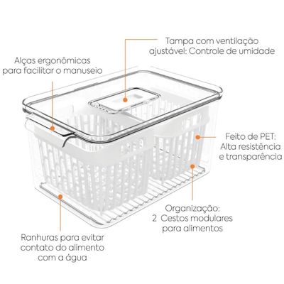 Kit Organizador de Geladeira 6L e 3,2L Cestos Internos Coza Dry Escorredor Frutas Vegetais