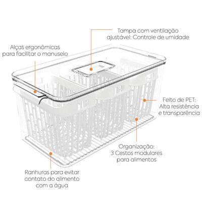 Kit Organizador de Geladeira 6L e 3,2L Cestos Internos Coza Dry Escorredor Frutas Vegetais