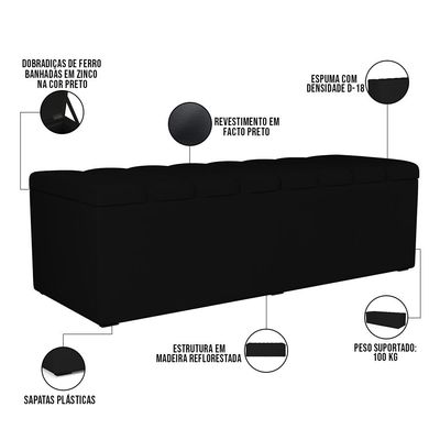 Kit Cabeceira Cama Box Casal 140cm Com Calçadeira Recamier Baú Dália W01 Facto Preto - Lyam Decor