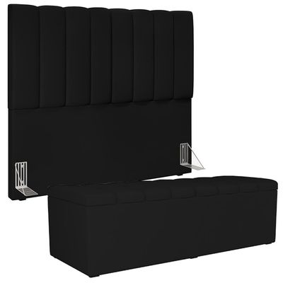 Kit Cabeceira Cama Box Casal 140cm Com Calçadeira Recamier Baú Dália W01 Facto Preto - Lyam Decor
