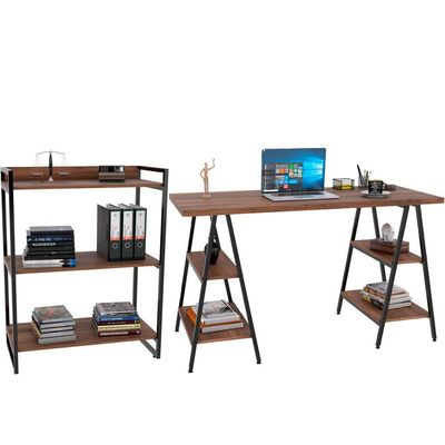 Kit Mesa Cavalete 150 cm com Estante 3 Prateleiras Estilo Industrial Form C01 Nogal - Lyam Decor
