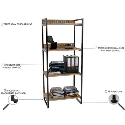 Kit Mesa Cavalete 135 cm com Estante 4 Prateleiras Estilo Industrial Form C01 Carvalho - Lyam Decor