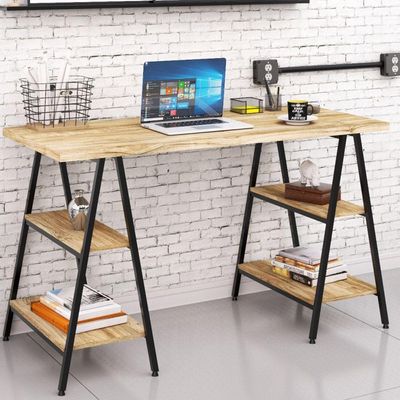 Kit Mesa Cavalete 135 cm com Estante 4 Prateleiras Estilo Industrial Form C01 Carvalho - Lyam Decor