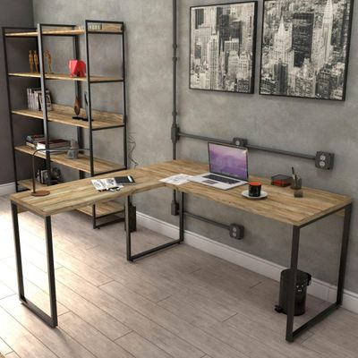 Kit 02 Mesas Para Escritório Home Office Estilo Industrial L Form C01 150x150 Carvalho - Lyam Decor