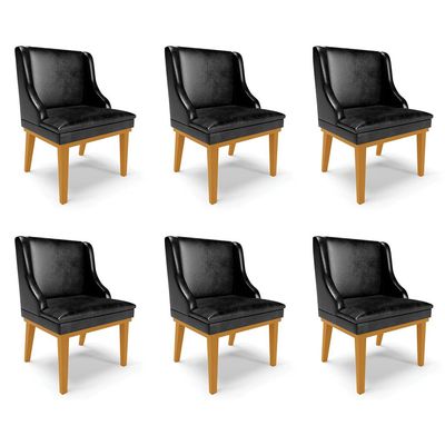 Kit 6 Cadeiras Decorativas Sala de Jantar Base Fixa de Madeira Firenze PU Preto Brilho/Castanho G19 - Gran Belo