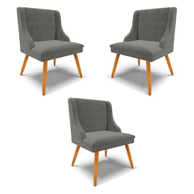 Kit 3 Cadeiras Decorativas Sala de Jantar Pés Palito de Madeira Firenze Suede Grafite/Natural G19 - Gran Belo