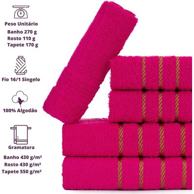 Jogo 5pçs 2 Banho + 2 Rosto + 1 Tapete P/Banheiro 100% Algodão Alta Absorção - Rosa Pink