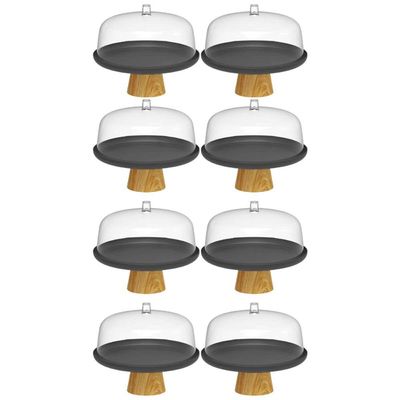 Kit 8 Boleiras Prato para Bolo 25cm Cúpula Plástico Pé Bambu Tortas Padaria Ou Lume Preto