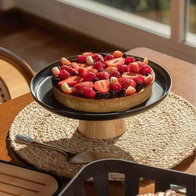 Kit 8 Boleiras Prato para Bolo 25cm Cúpula Plástico Pé Bambu Tortas Padaria Ou Lume Preto