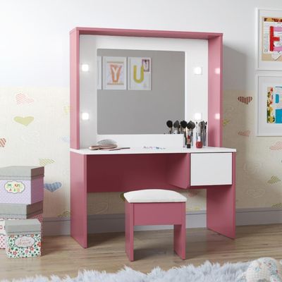 Penteadeira Infantil Helena Led E Banqueta Rosa-branca