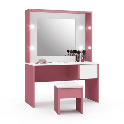Penteadeira Infantil Helena Led E Banqueta Rosa-branca