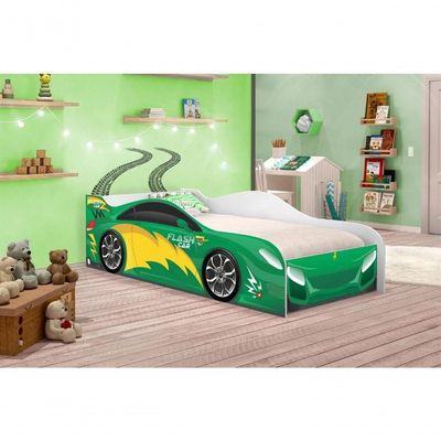 Cama Carro Menino Verde Solteiro Com Colchão