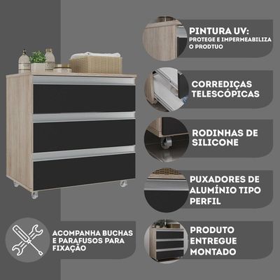 Gabinete Banheiro Rodinhas Joia 60cm 03 Gavetas Madeirado Preto