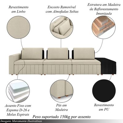 Sofá Ilha com Encosto e Almofadas Móveis Olimpo 395cm Modulado Linho/PU Bege/Preto G45 - Gran Belo