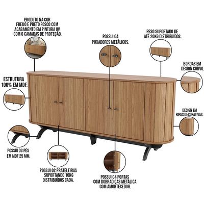 Balcão Buffet Para Sala De Estar Curvo 04 Portas Romagna 180cm D03 Freijó Preto Fosco - Lyam Decor