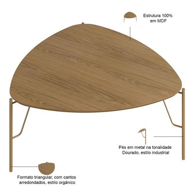 Mesa de Centro Para Sala de Estar Baixa Pés Industrial Dourado Alef I03 Louro - Lyam Decor