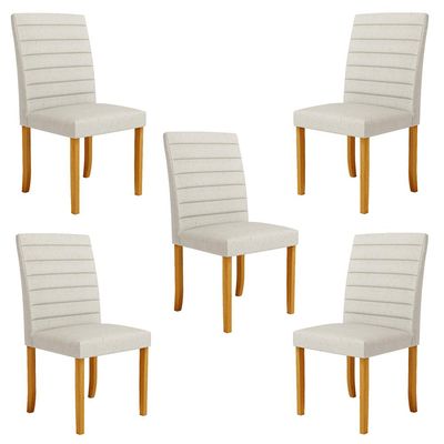 Kit 5 Cadeiras de Sala de Jantar Estofadas Veiga Madeira Maciça Linho Off White G78 - Gran Belo