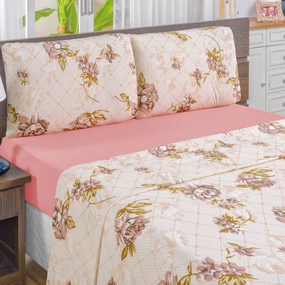 Jogo de Cama Casal Padrão Quality Estampado Malha 100% Algodão 4 Peças - Rosê