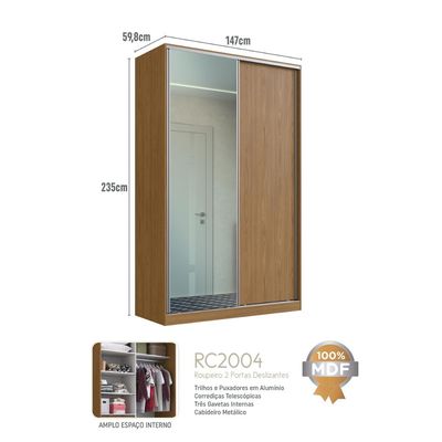 Guarda Roupa Solteiro Freijó Natural 1 Espelho 2 Portas 3 Gavetas 147x59,8x235cm RC 2004 Emovell