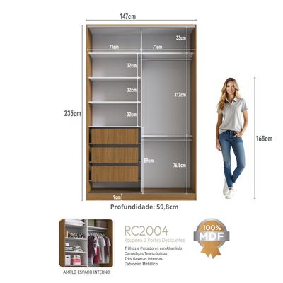 Guarda Roupa Solteiro Freijó Natural 1 Espelho 2 Portas 3 Gavetas 147x59,8x235cm RC 2004 Emovell