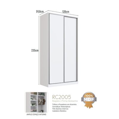 Guarda Roupa Branco 120x59,8x235cm 2 Portas de Correr 2005 Emovell