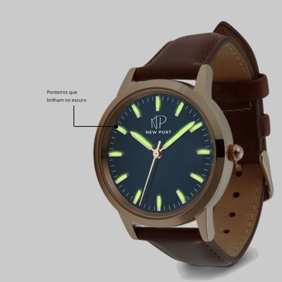 Relógio Feminino Casual Rosê Pulseira Couro 40mm New Port