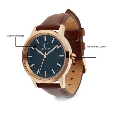 Relógio Feminino Casual Rosê Pulseira Couro 40mm New Port