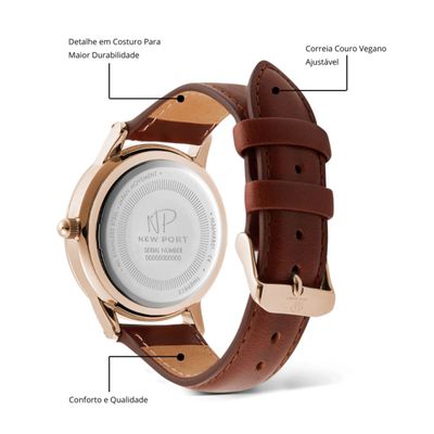 Relógio Feminino Casual Rosê Pulseira Couro 40mm New Port