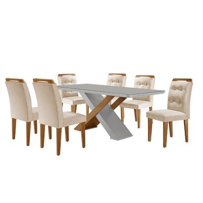 Mesa Sala De Jantar Carol 180cm E 6 Cadeiras Carol Moderna Veludo Creme/off White/imbuia